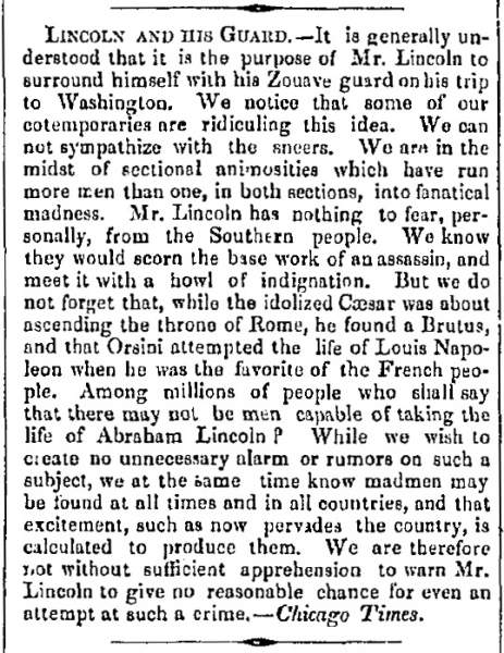 “Lincoln and His Guard,” (Montpelier) Vermont Patriot, February 2, 1861