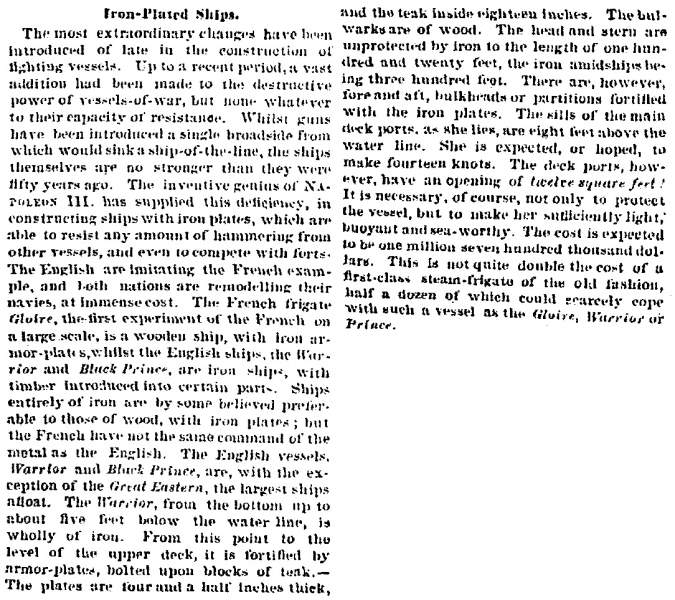 “Iron-Plated Ships,” Richmond (VA) Dispatch, February 5, 1861