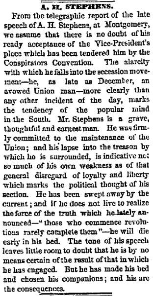 “A. H. Stephens,” Chicago (IL) Tribune, February 12, 1861