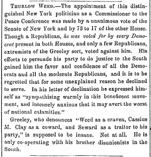 “Thurlow Weed,” Fayetteville (NC) Observer, February 14, 1861