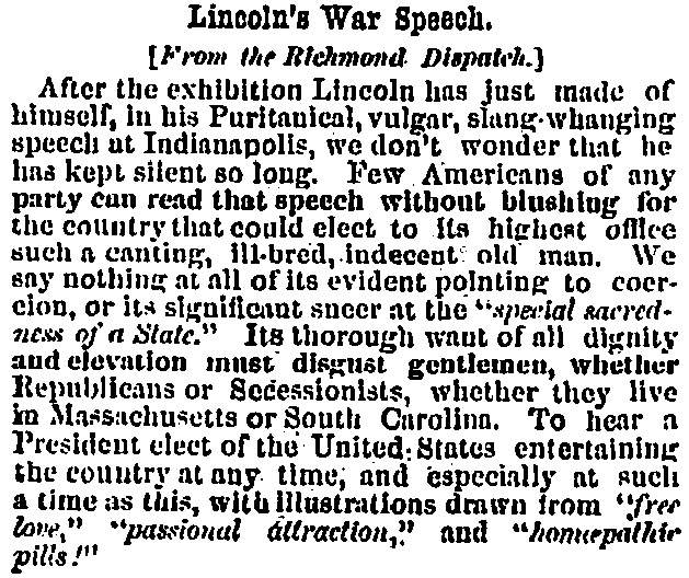 “Lincoln’s War Speech,” Charleston (SC) Mercury, February 16, 1861