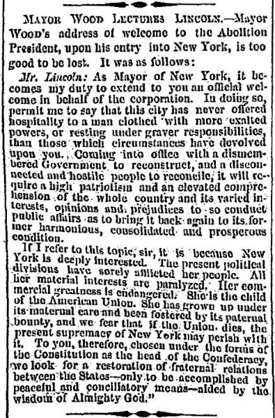 “Mayor Wood Lectures Lincoln,” Charleston (SC) Mercury, February 25, 1861