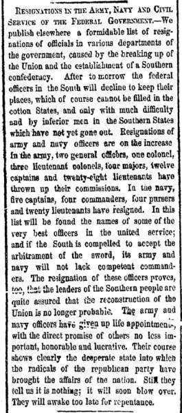 “Resignations in the Army, Navy and Civil Service of the Federal Government,” New York Herald, March 3, 1861
