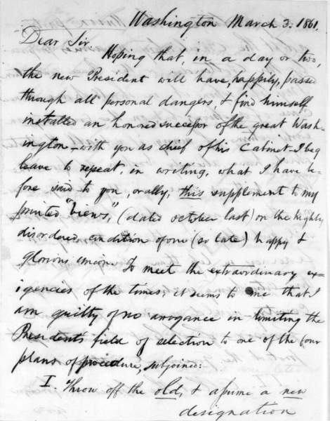 Winfield Scott to William H. Seward, March 3, 1861 (Page 1)