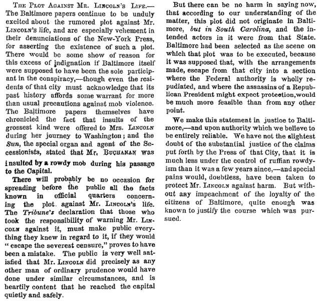 “The Plot Against Mr. Lincoln’s Life,” New York Times, March 4, 1861