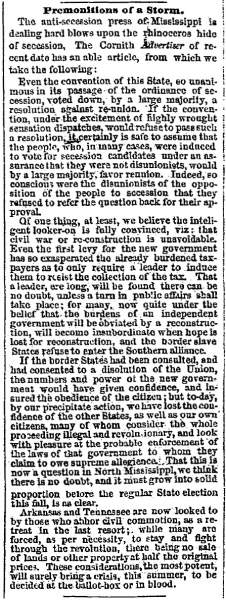 “Premonitions of a Storm,” Chicago (IL) Tribune, March 8, 1861