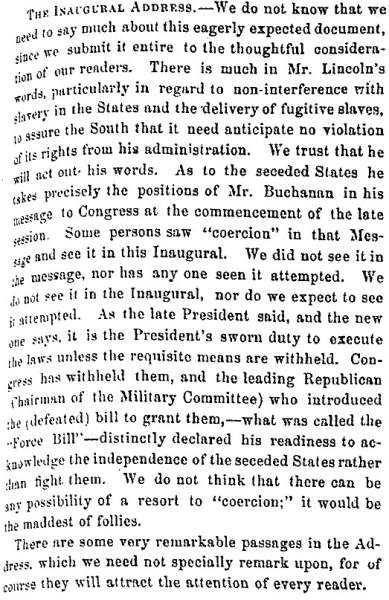 "The Inaugural Address," Fayetteville (NC) Observer, March 7, 1861
