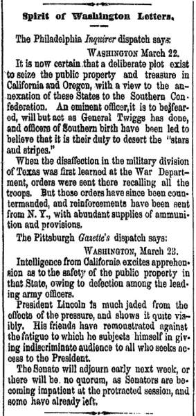 “Spirit of Washington Letters,” Cleveland (OH) Herald, March 25, 1861