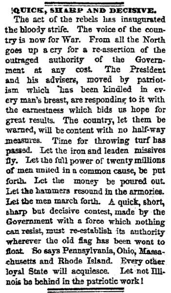 “Quick, Sharp, and Decisive,” Chicago (IL) Tribune, April 15, 1861