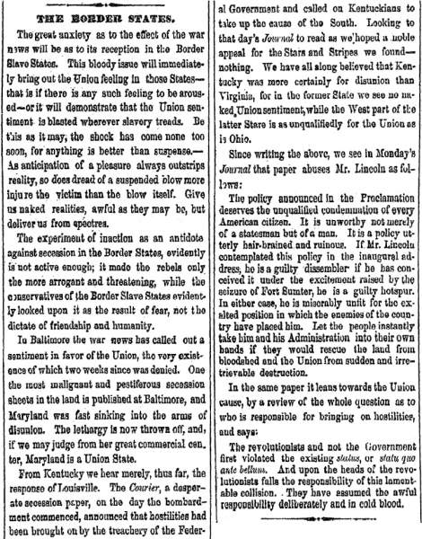 “The Border States,” Cleveland (OH) Herald, April 16, 1861