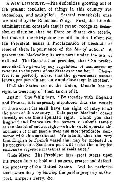"A New Difficulty," Fayetteville (NC) Observer, April 29, 1861