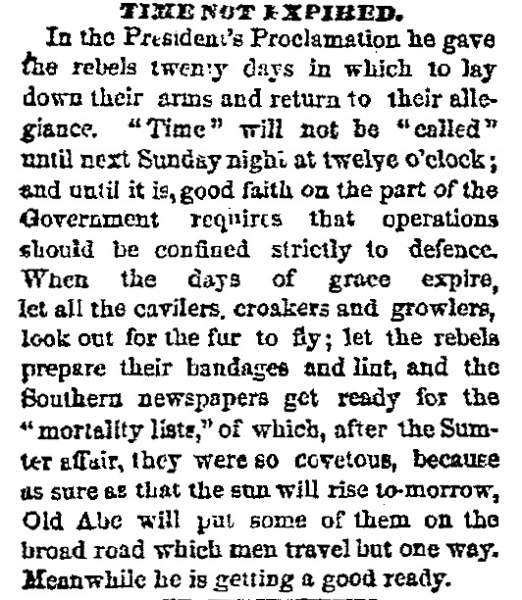 “Time Not Expired,” Chicago (IL) Tribune, April 30, 1861