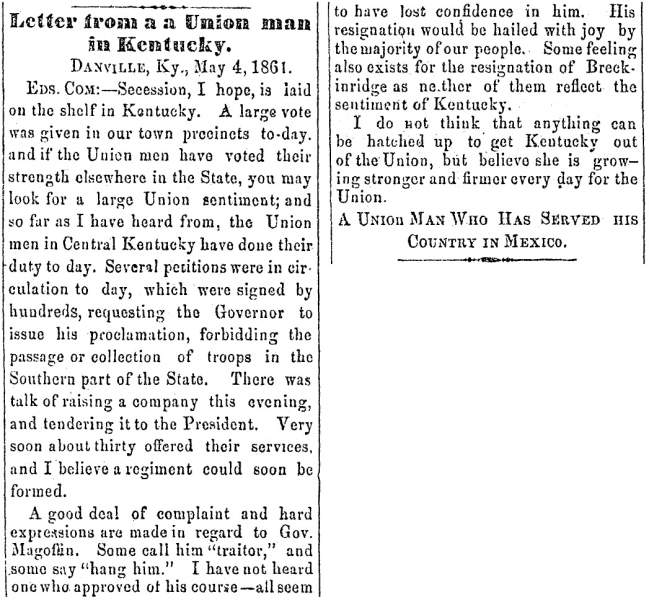 “Letter from a Union man in Kentucky,” Ripley (OH) Bee, May 16, 1861