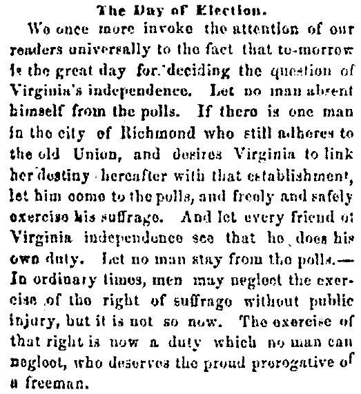 “The Day of Election,” Richmond (VA) Dispatch, May 22, 1861