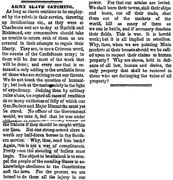 “Army Slave Catching,” Chicago (IL) Tribune, May 28, 1861
