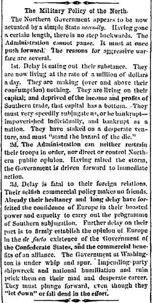 “The Military Policy of the North,” Charleston (SC) Mercury, May 29, 1861