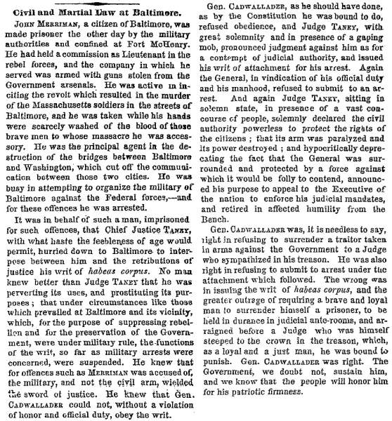 “Civil and Martial Law at Baltimore,” New York Times, May 30, 1861 (Page 1)