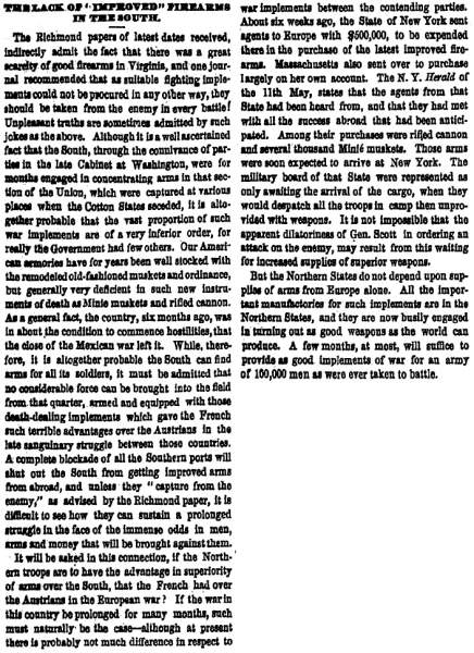 “The Lack of “Improved” Firearms in the South,” San Francisco (CA) Evening Bulletin, June 5, 1861