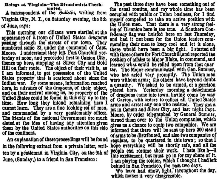 “Doing at Virginia,” San Francisco (CA) Evening Bulletin, June 12, 1861
