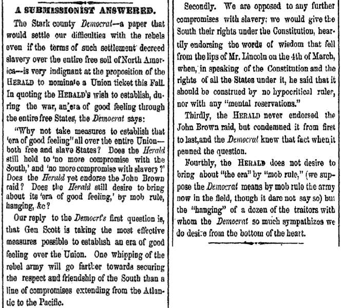 “A Submissionist Answered,” Cleveland (OH) Herald, June 17, 1861