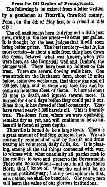 “From the Oil Region of Pennsylvania,” San Francisco (CA) Evening Bulletin, June 19, 1861