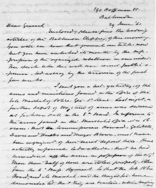 Worthington G. Snethen to Winfield Scott, June 29, 1861 (Page 1)