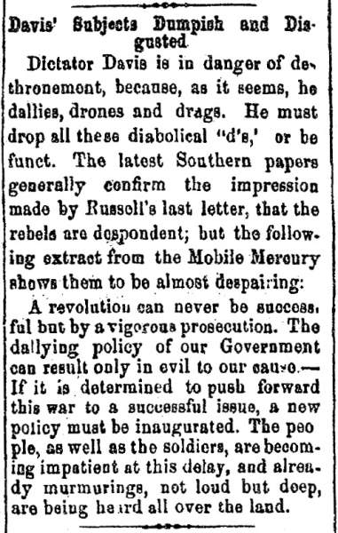“Davis’ Subjects Dumpish and Disgusted,” Chillicothe (OH) Scioto Gazette, July 2, 1861