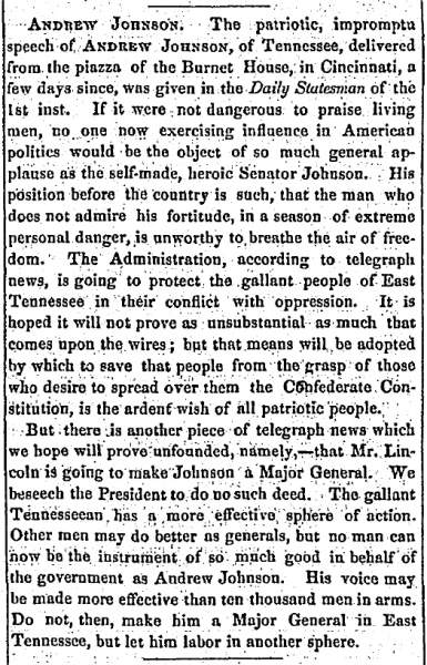 “Andrew Johnson,” (Concord) New Hampshire Statesman, July 6, 1861