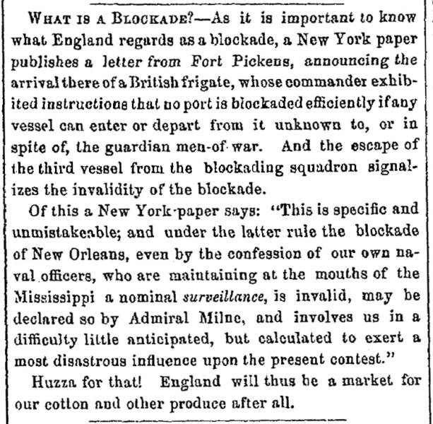 “What is a Blockade?,” Fayetteville (NC) Observer, July 25, 1861