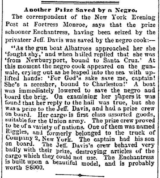 “Another Prize Saved by a Negro,” Boston (MA) Advertiser, July 31, 1861