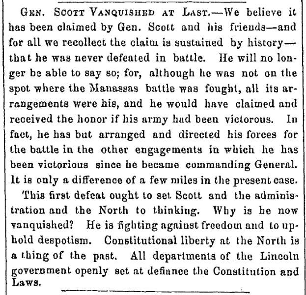 “Gen. Scott Vanquished At Last,” Fayetteville (NC) Observer, August 1, 1861