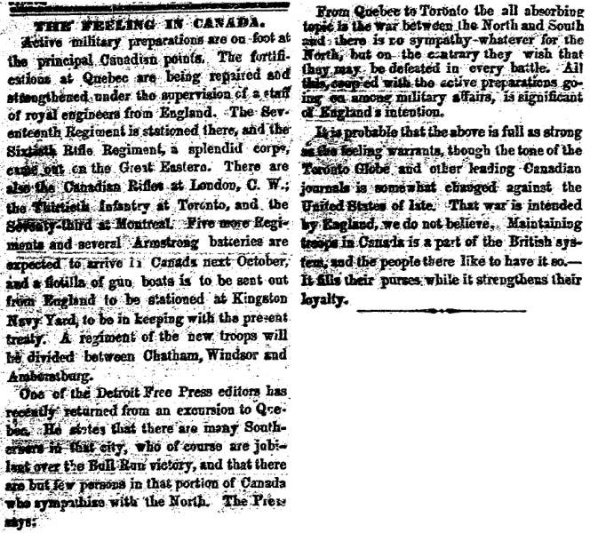 “The Feeling in Canada,” Cleveland (OH) Herald, August 2, 1861
