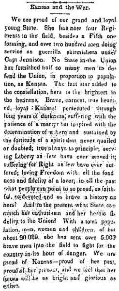 “Kansas and the War,” Atchison (KS) Freedom’s Champion, August 3, 1861