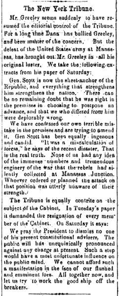“The New York Tribune,” Chillicothe (OH) Scioto Gazette, August 6, 1861