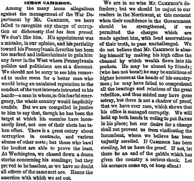 “Simon Cameron,” Chicago (IL) Tribune, August 11, 1861
