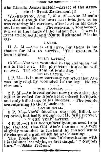 “Abe Lincoln Assassinated!,” Savannah (GA) News, August 13, 1861