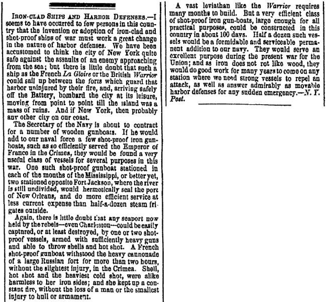 “Iron-Clad Ships and Harbor Defences,” San Francisco (CA) Evening Bulletin, August 17, 1861