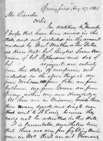 Ozias Mather Hatch to Abraham Lincoln, August 17, 1861 (Page 1)