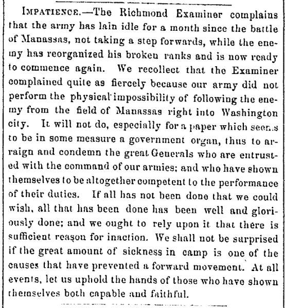 “Impatience,” Fayetteville (NC) Observer, August 26, 1861
