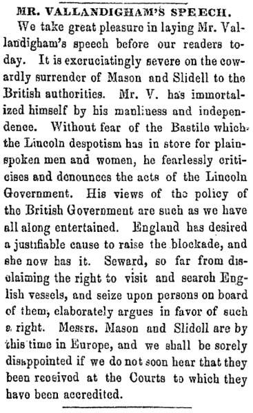“Mr. Vallandingham’s Speech,” Raleigh (NC) Register, January 18, 1862