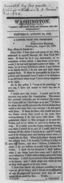Abraham Lincoln to Horace Greeley, August 22, 1862