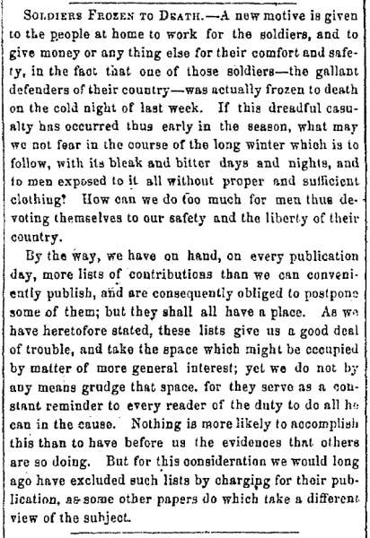 “Soldiers Frozen To Death,” Fayetteville (NC) Observer, December 15, 1862