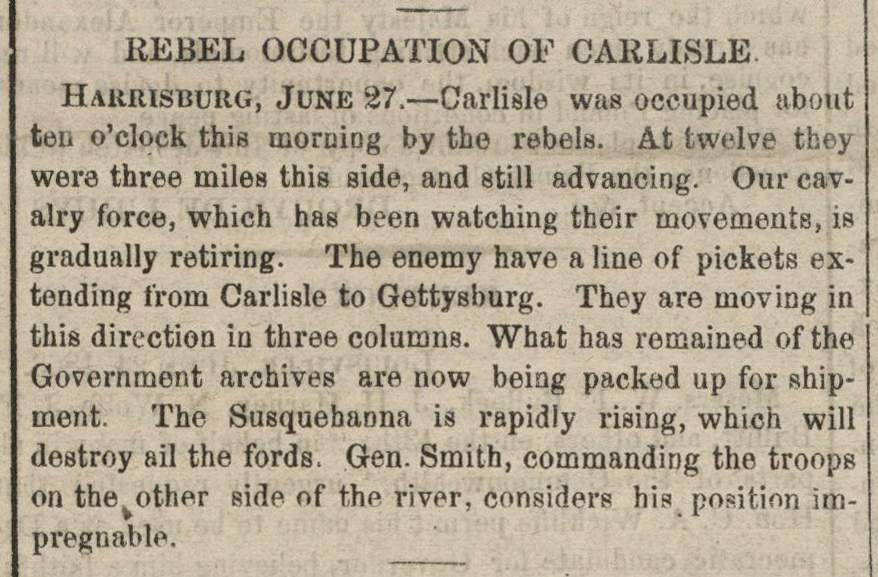 “Rebel Occupation of Carlisle,” Washington (DC) National Intelligencer, June 30, 1863