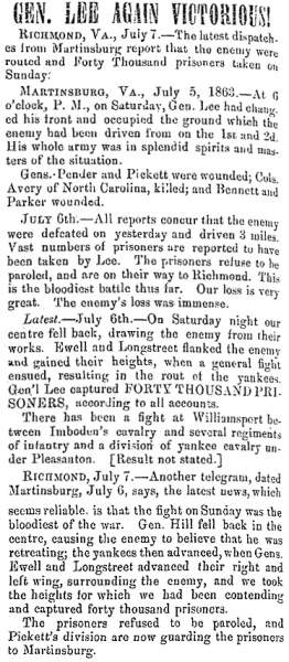 “Gen. Lee Again Victorious!,” Fayetteville (NC) Observer, July 9, 1863