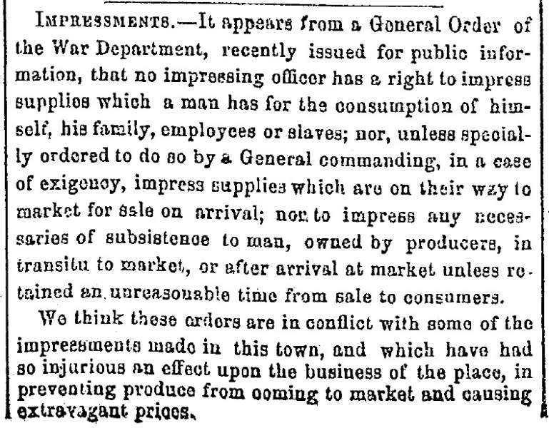 “Impressments,” Fayetteville (NC) Observer, November 16, 1863