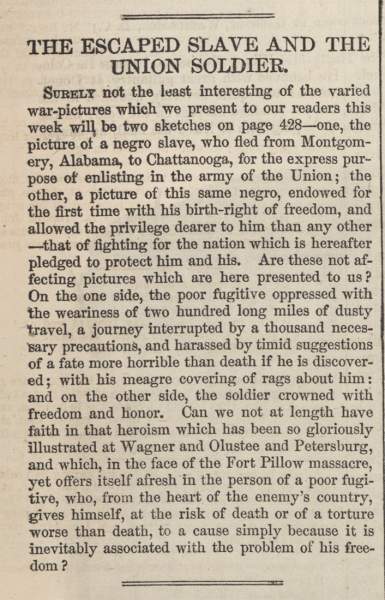 “The Escaped Slave and the Union Soldier,” Harper’s Weekly, July 2, 1864