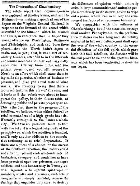 “The Destruction of Chambersburg,” Bangor (ME) Whig and Courier, August 2, 1864