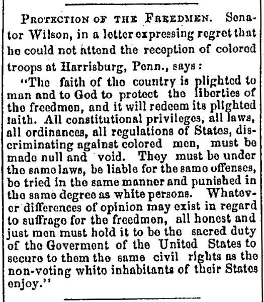 “Protection of the Freedmen,” Bangor (ME) Whig and Courier, November 22, 1865