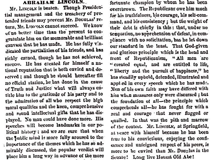 “Abraham Lincoln,” Chicago (IL) Press and Tribune, November 10, 1858