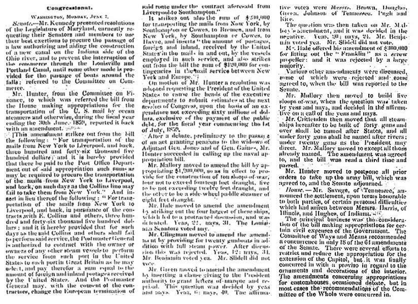 "Congressional," New Orleans (LA) Picayune, June 15, 1858